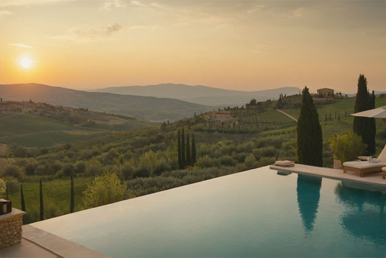 Paesaggio toscana con piscina in hotel di lusso